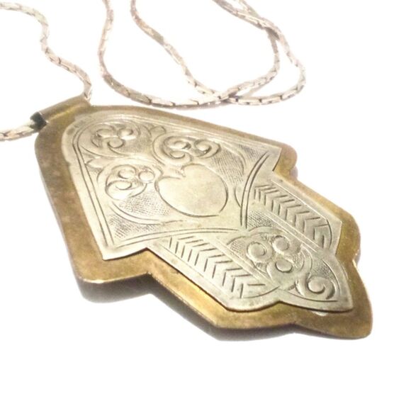 Vintage Boho Ethnic Inspired Hand Embossed Silver Brass Tone Pendant Necklace - Picture 5 of 8